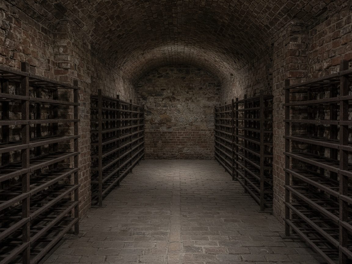 Corridoio fresco della cantina, mattoni senza etichette