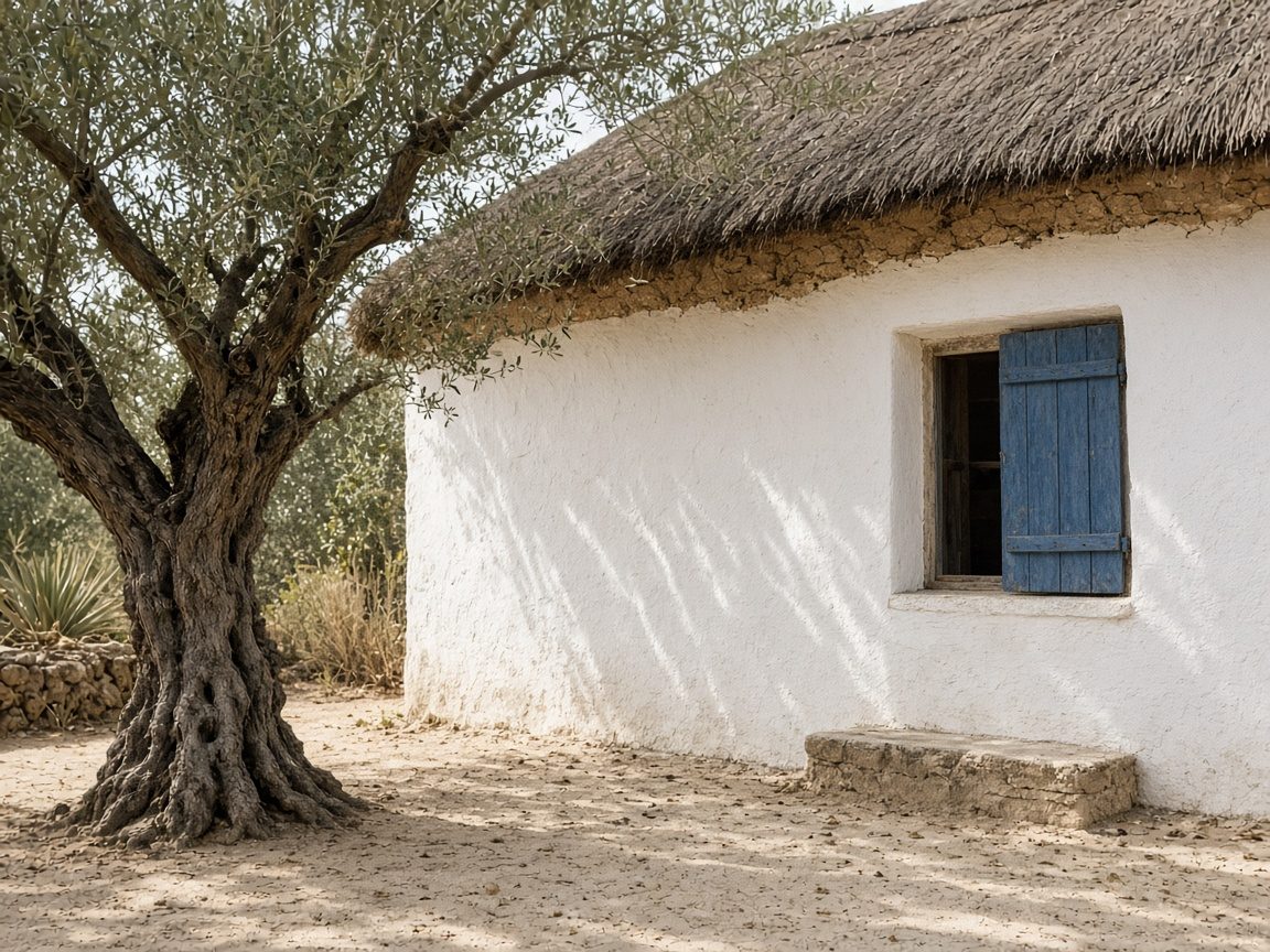 Casa intonacata all'ombra degli ulivi, campagna romana