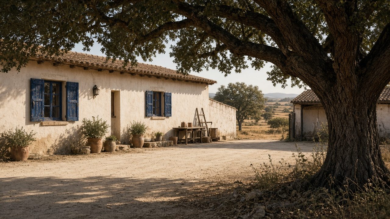 Aia nella campagna romana, casa in pietra e persiane indaco