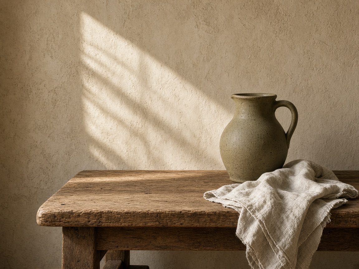 Tavolo di cucina con brocca di terracotta e lino