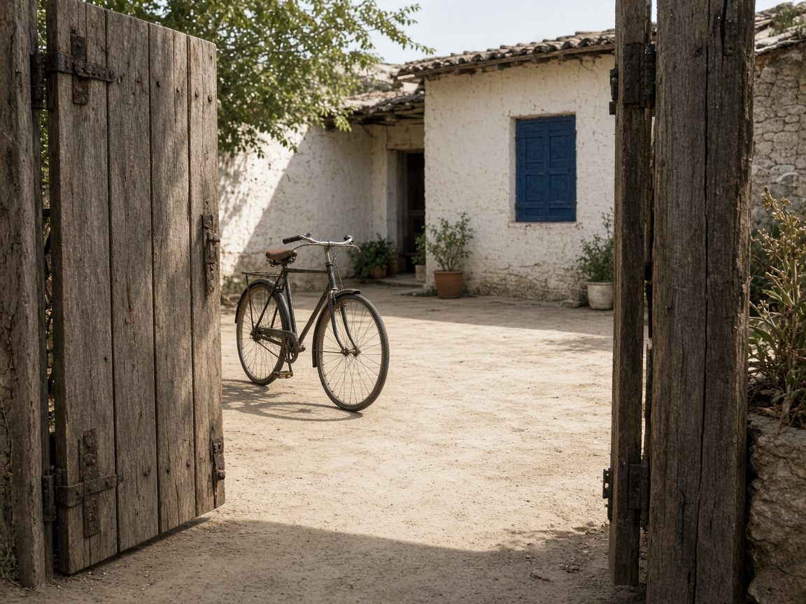 Cancello del cortile aperto, bicicletta e polvere dell'aia