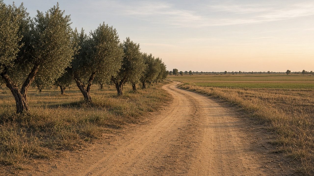 Uliveto nella campagna romana, sentiero sabbioso in luce bassa