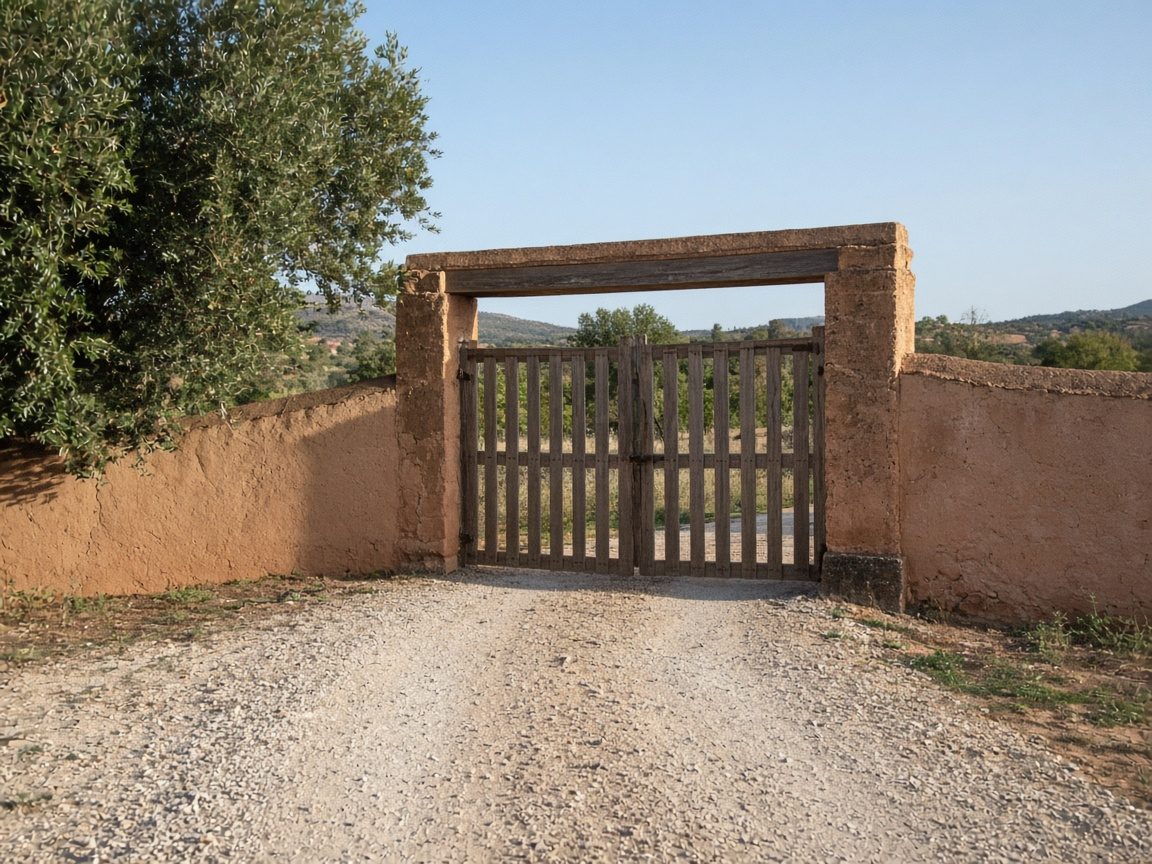 Cancello in legno su un muro in pietra, campagna romana